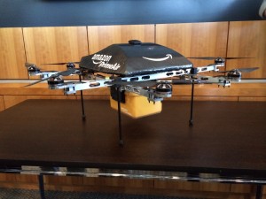 Drone with Amazon PrimeAir logo displayed on a table