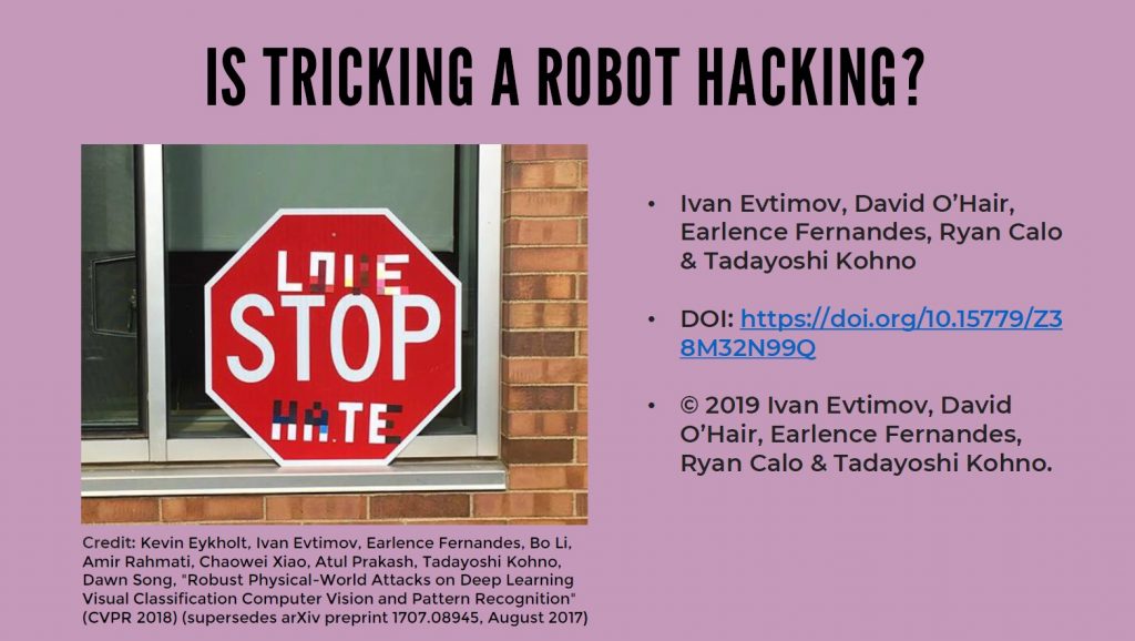 Image of slide with title "Is Tricking a Robot Hacking?"