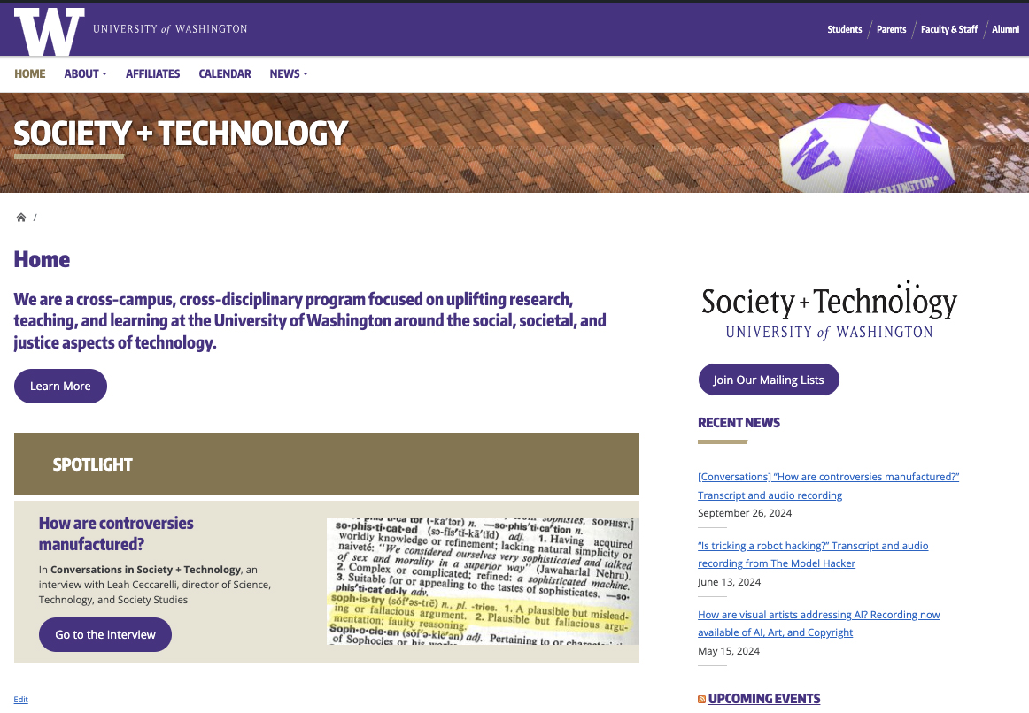 Screenshot of new Society and Technology website.