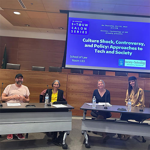 Image of panel and screen at recent Salon series. From left, Ryan Calo, Leah Ceccarelli, Katharina Reinecke and moderator Monika Sengul-Jones, PhD. 