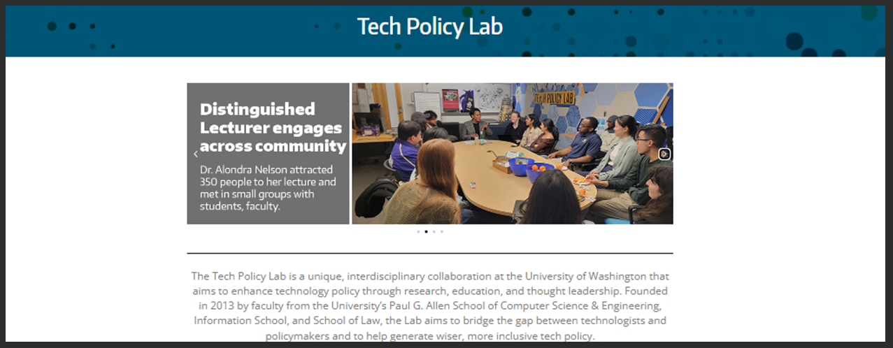 Screenshot of the Tech Policy Lab website home page. Shows menu header and photo carousel featuring Distinguished Lecture.