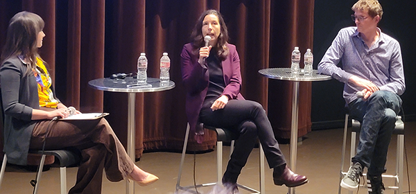 Moderator Monica Nickelsburg, journalist Kashmir Hill and journalist Jeff Horwitz sit in a row on stage.